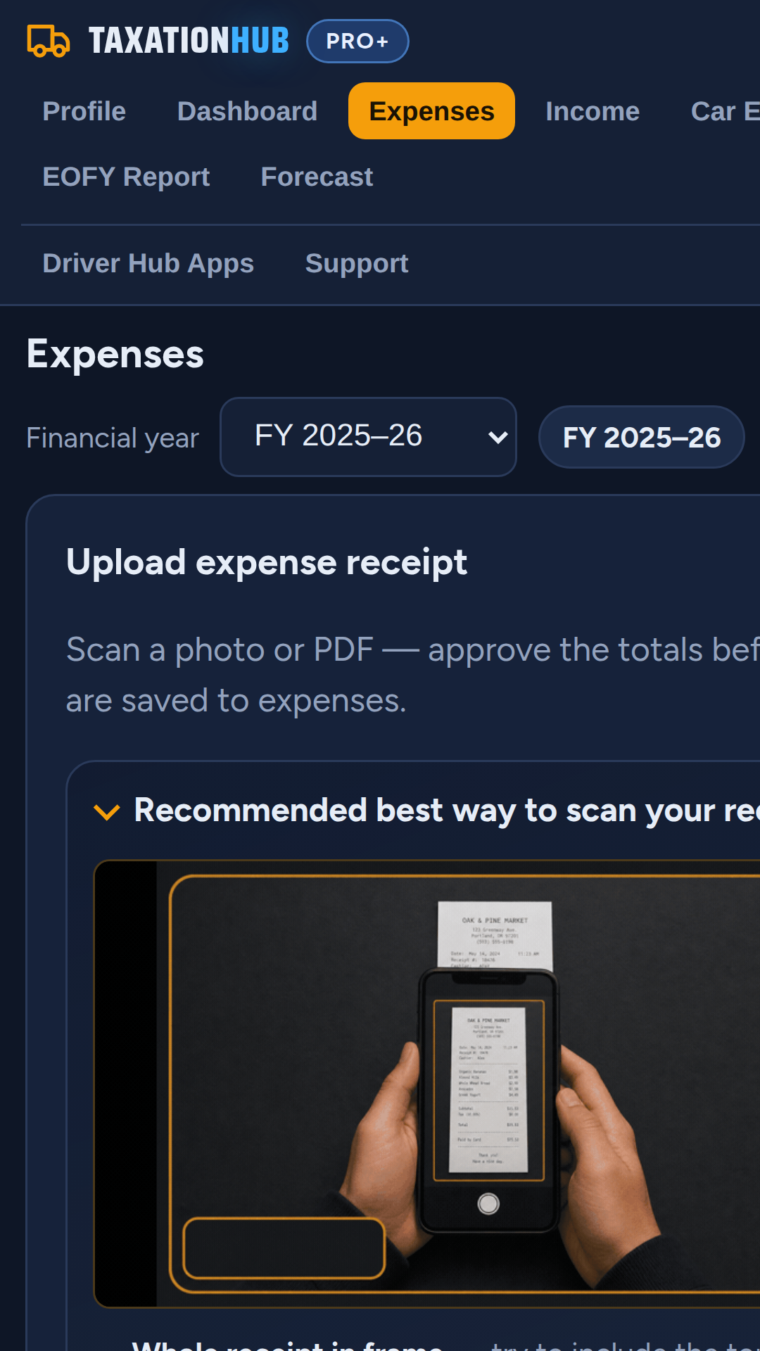 Taxation Hub expenses with receipt scan